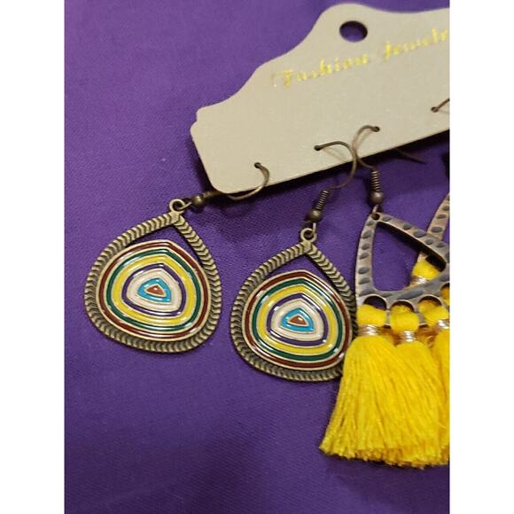 Three Pairs Dangle Earrings BOHO Western Style Yellow & Bronze Tone - Picture 2 of 11